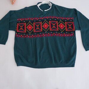 Vintage Teal Embroidered Geometric Fleece Sweater Western Boho Cozycore 20W